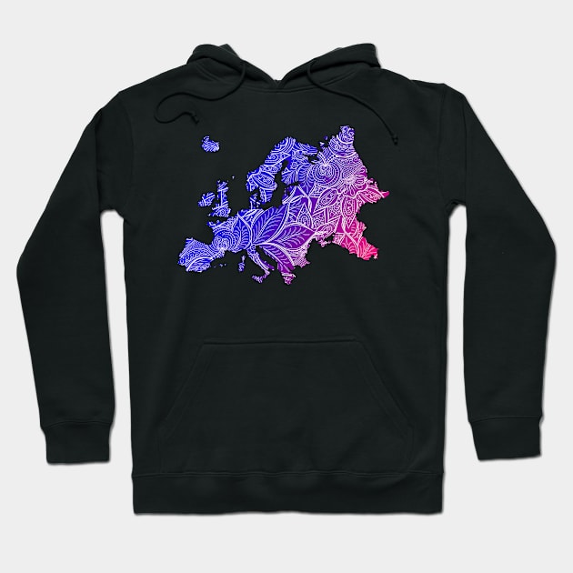 Colorful mandala art map of Europe with text in blue and violet Hoodie by Happy Citizen